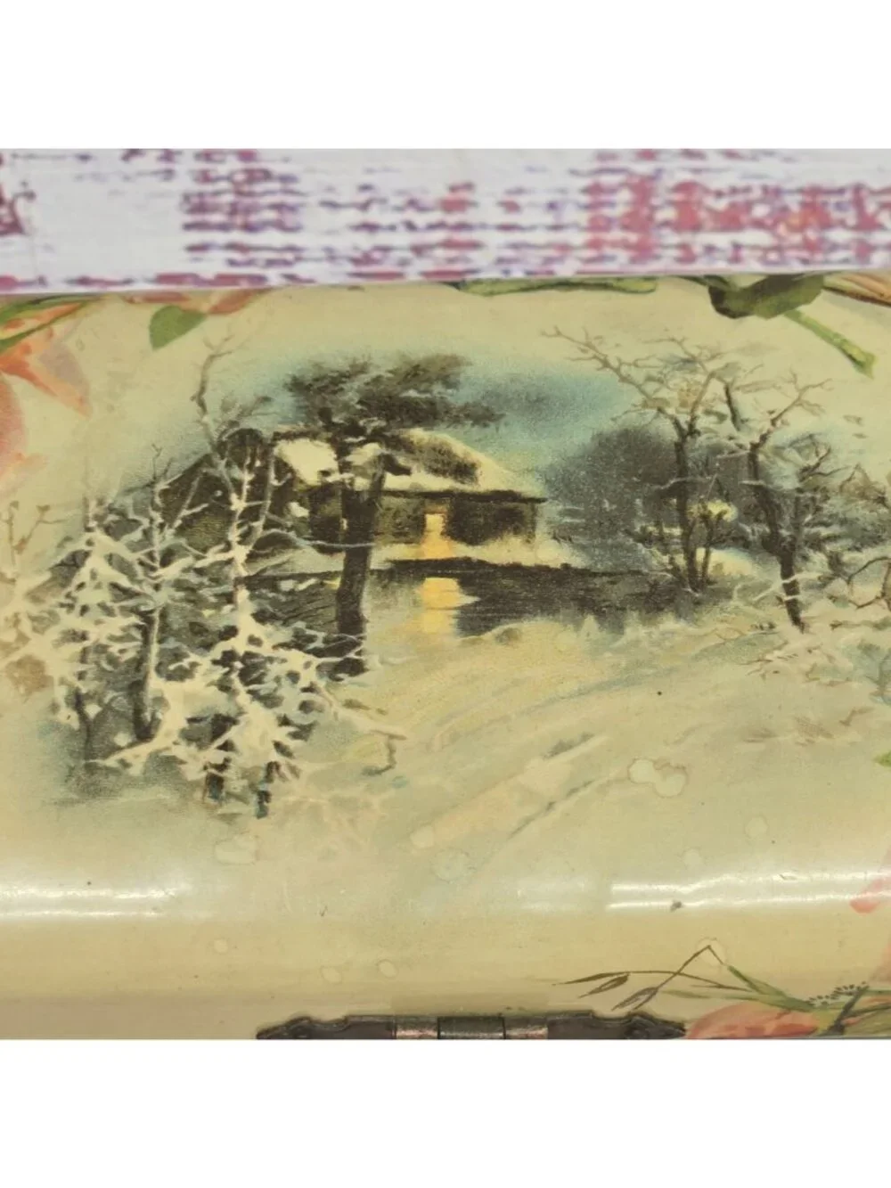 Antique Victorian Celluloid Glove Box Floral & Winter Lithograph Ornate Lock